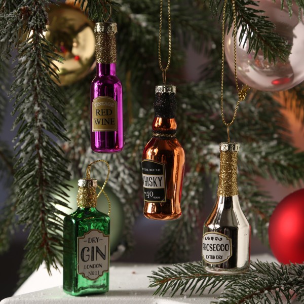 Weihnachtsbaumschmuck ALKOHOLMIX - Glas - Prosecco - Gin - Whisky - Rotwein - inkl. Aufhänger - 4St.