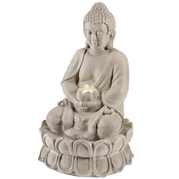 LED Solar Brunnen Buddha - Gartenbrunnen - GRC Beton - 6 warmweiße LED - H: 55cm - Außen - grau