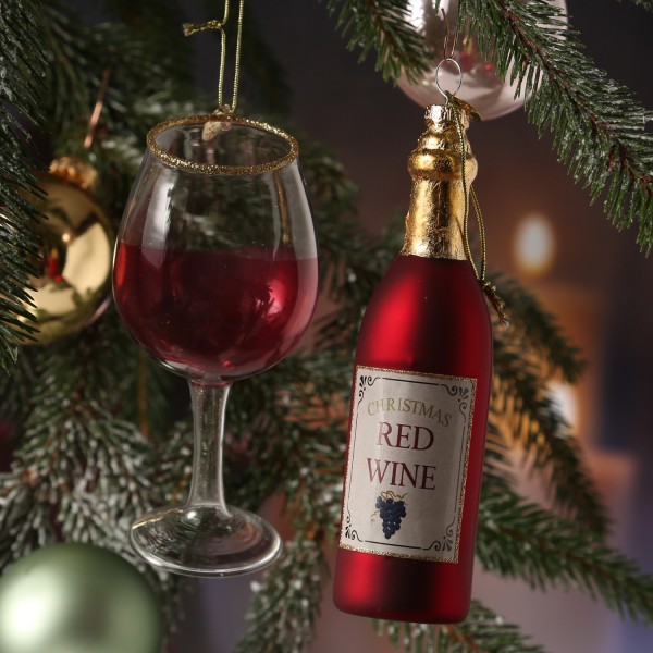 Weihnachtsbaumschmuck ROTWEIN - Weinflasche u. Weinglas - inkl. Aufhänger - rot, gold - 2teilig