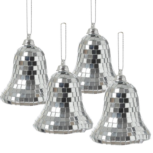 Christbaumschmuck Glocken - Weihnachtsbaumschmuck im Discokugel Look - H: 8cm - silber - 4er Set