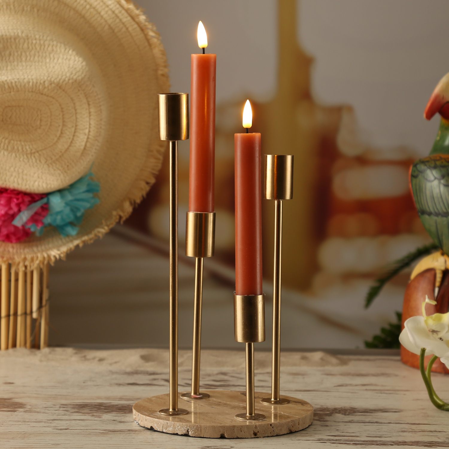 28cm beige H: 4 - Kerzenständer - Kerzenhalterungen goldfarbene - Marmorplatte Stabkerzenhalter - -
