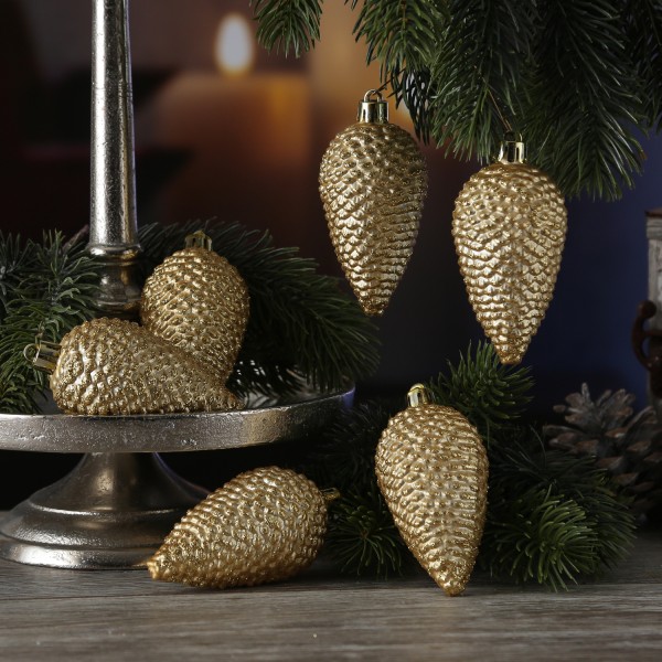 Christbaumschmuck ZAPFEN - Weihnachtsbaumschmuck - bruchfest - glitzernd - H: 8cm - gold - 6er Set