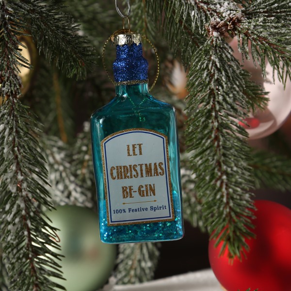 Weihnachtsbaumschmuck CHRISTMAS GIN Flasche - Glas - Christbaumschmuck - H: 12cm - blau, weiß