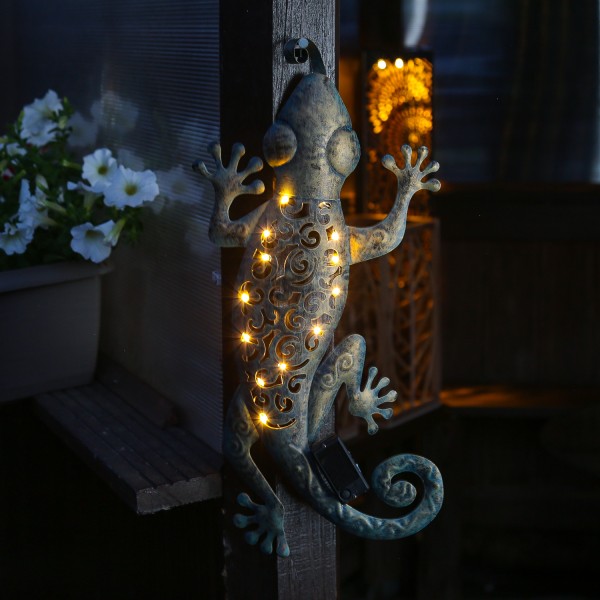 LED Solar Wanddeko GECKO - 15 warmweiße LED - H: 46cm - Dämmerungssensor - bronze