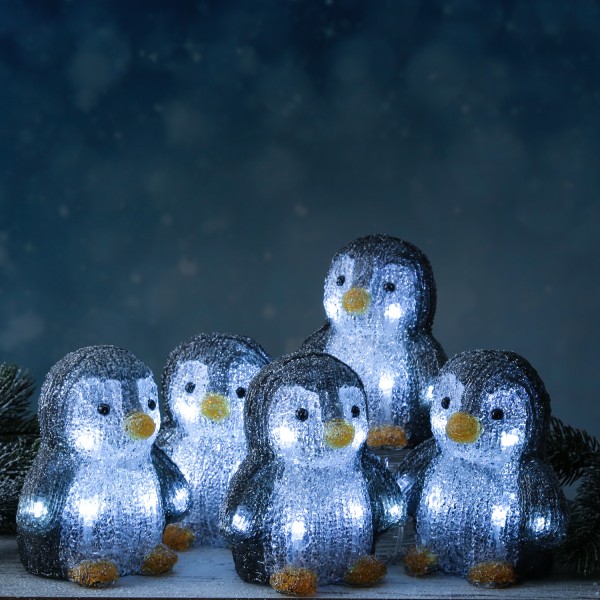 LED Pinguine - Acrylfigur - 50 kaltweiße LED - H: 14cm - Timer - Batteriebetrieb - für Außen