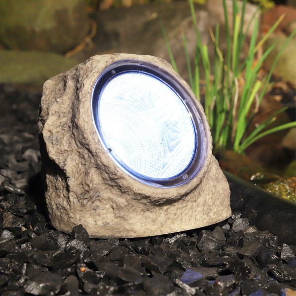 LED Solar Stein "Rocky" - Spot mit 4 kaltweißen LED - Dämmerungssensor - H: 11cm