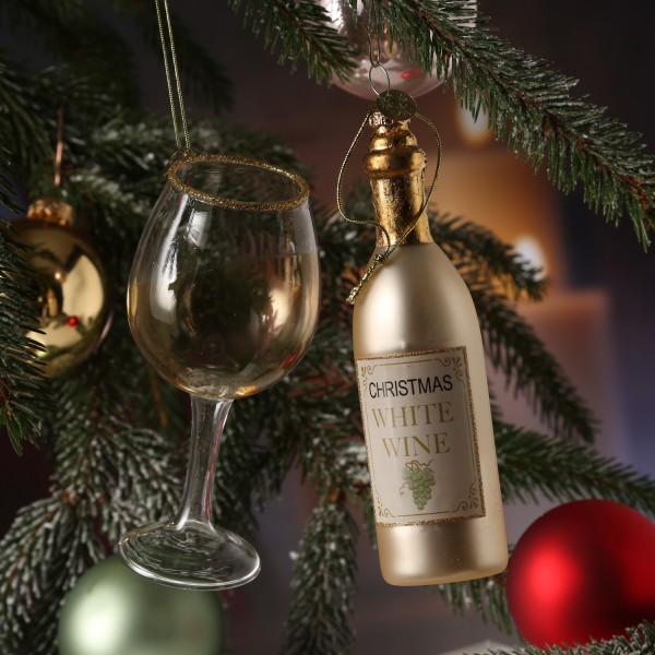 Weihnachtsbaumschmuck WEIßWEIN - Weinflasche u. Weinglas - inkl. Aufhänger - silber, gold - 2teilig