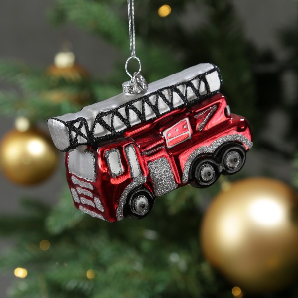 Weihnachtsbaumschmuck Feuerwehrauto - Christbaumschmuck - Glas - L: 11cm - rot